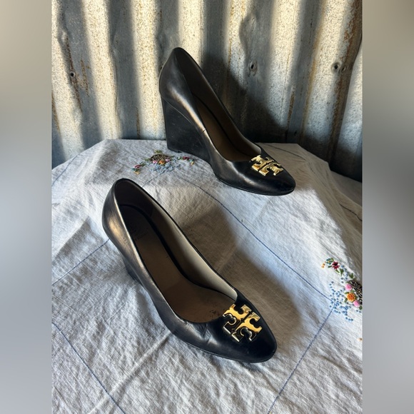 Tory Burch Shoes - Tory Burch Black Wedges with Gold Logo